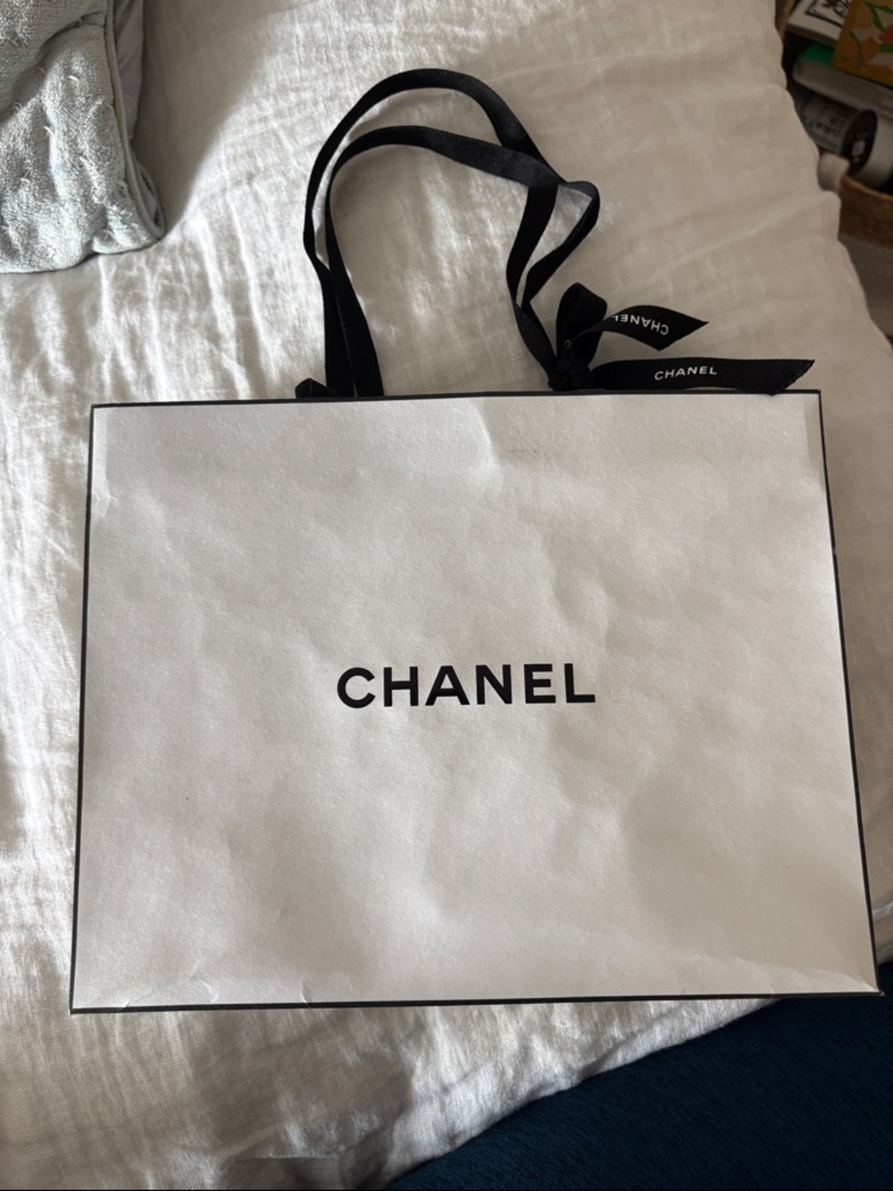 CHANEL White Shopping Bag with Black Trim and Ribbon